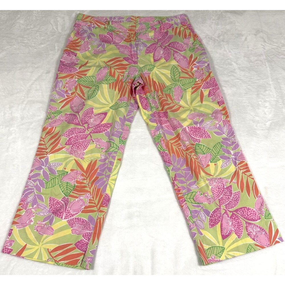 Vintage Lilly Pulitzer Bottoms Up Frog Print Capri Pants Womens 8 Pink Green